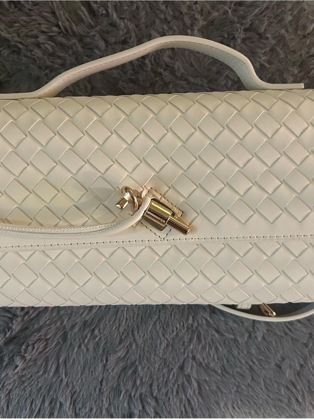 White Woven Leather Top-Handle Bag with Gold Accent